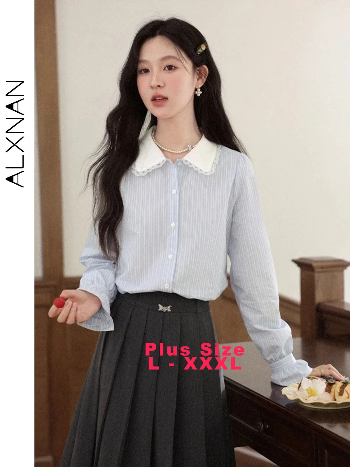 

ALXNAN Plus Size Striped Long Sleeve Shirt Women Lace Trimmed Lapel Flared Cuffs Floral Bow Detail Top for Early Autumn D13030