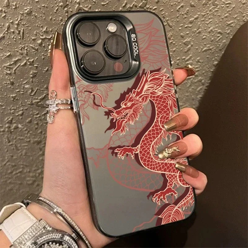 Luxury Cool Black Mysterious Dragon Case For iPhone 15 Pro Max 15 14 13 12 11 Pro XR XS 7 8 Plus Lens Protect Plating Covers