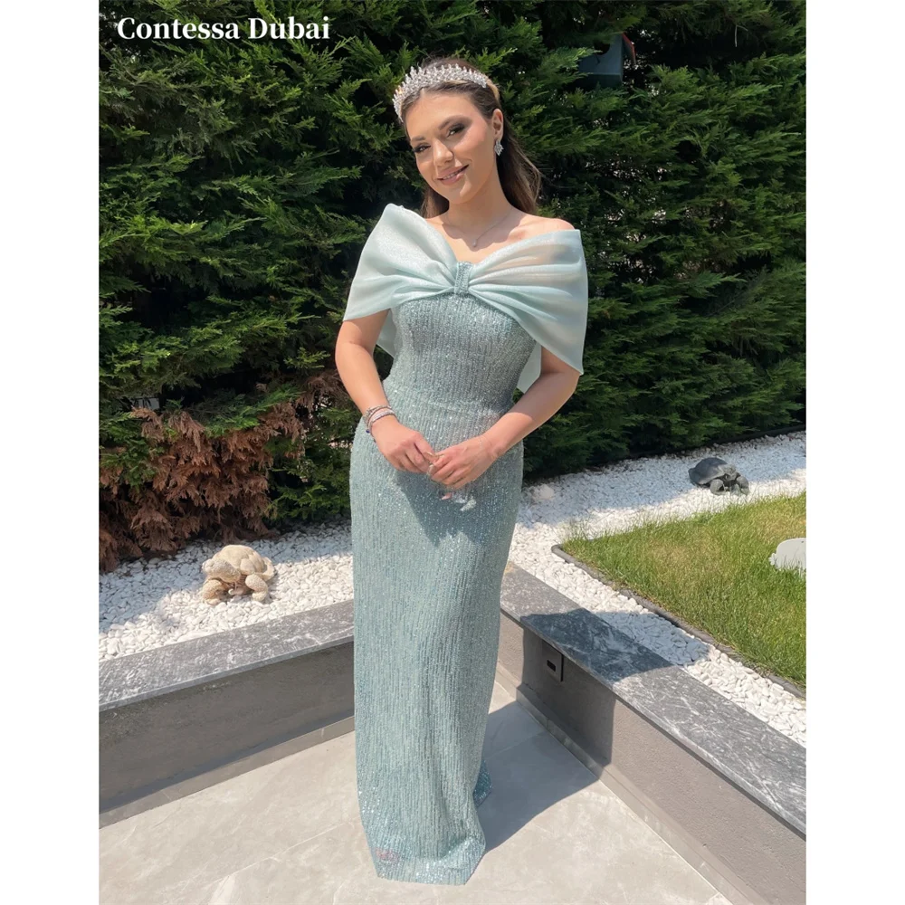 Contessa Custom Mint Green Off-Shoulder Evening Dress Organza Bow Prom Dresses Beaded Vestidos De Noche Tulle Formal Evening