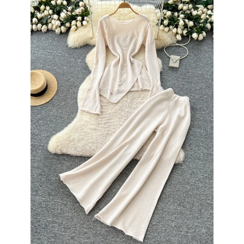 

2025 Autumn Elegant Two-Piece Women Design Sense Ripped Split Irregular Long-Sleeved Knitted Sweater High-Waist Wide-Leg Pants