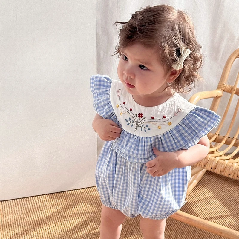 Summer Baby Girl Clothes Flying Sleeves Romper Floral Embroidery Grid Doll Collar Lotus Leaf Collar Onesie Sweet Cute Bodysuit