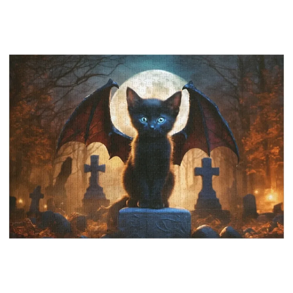 A Black Dragon Kitten Sitting in a Graveyard Jigsaw Puzzle Animal Personalized Photo Gift Game Children Puzzle