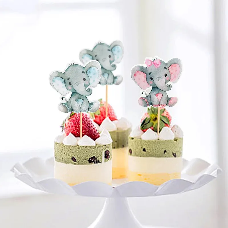 Creative Gender Reveal Printing Blue Pink Elephant Cake Cupcake Decoration Insert Card Baby Birthday Party Theme