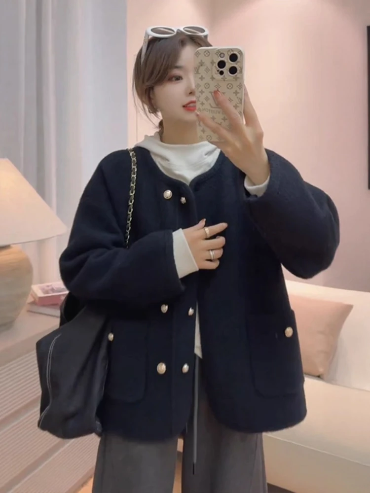 

Retro Black Woolen Coat Women Open Cardigan Loose Fit Lazy Style Small Size Slimming Autumn Winter New Arrival Korean Version