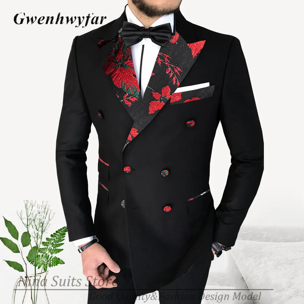 

Gwenhwyfar Luxury Red Floral Lapel Men Suits 2023 New Gentle Series Groomsmen Double Breasted Blazer