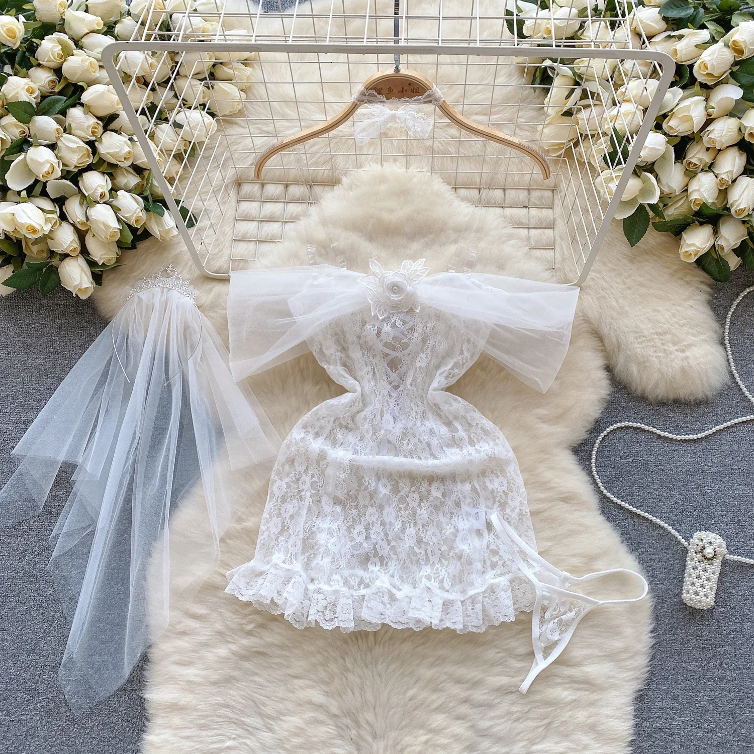 

White Sexy Butterfly Knot Ribbon Suits 3-Piece Off Shoulder Crown Lace Cosplay Bridal Dress Fun Underwear See-through For Women