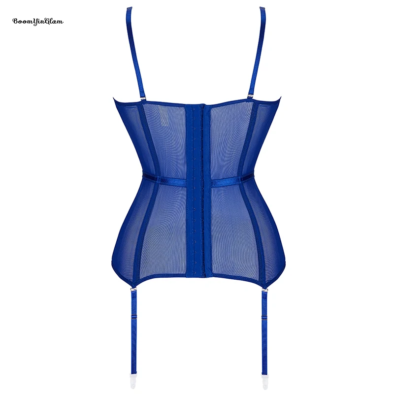 Spaghetti Strap Translucent Blue Heart-shape Embroidered Corset Lace Up Bone Bustier Plus Size Underwear Corselet For Women