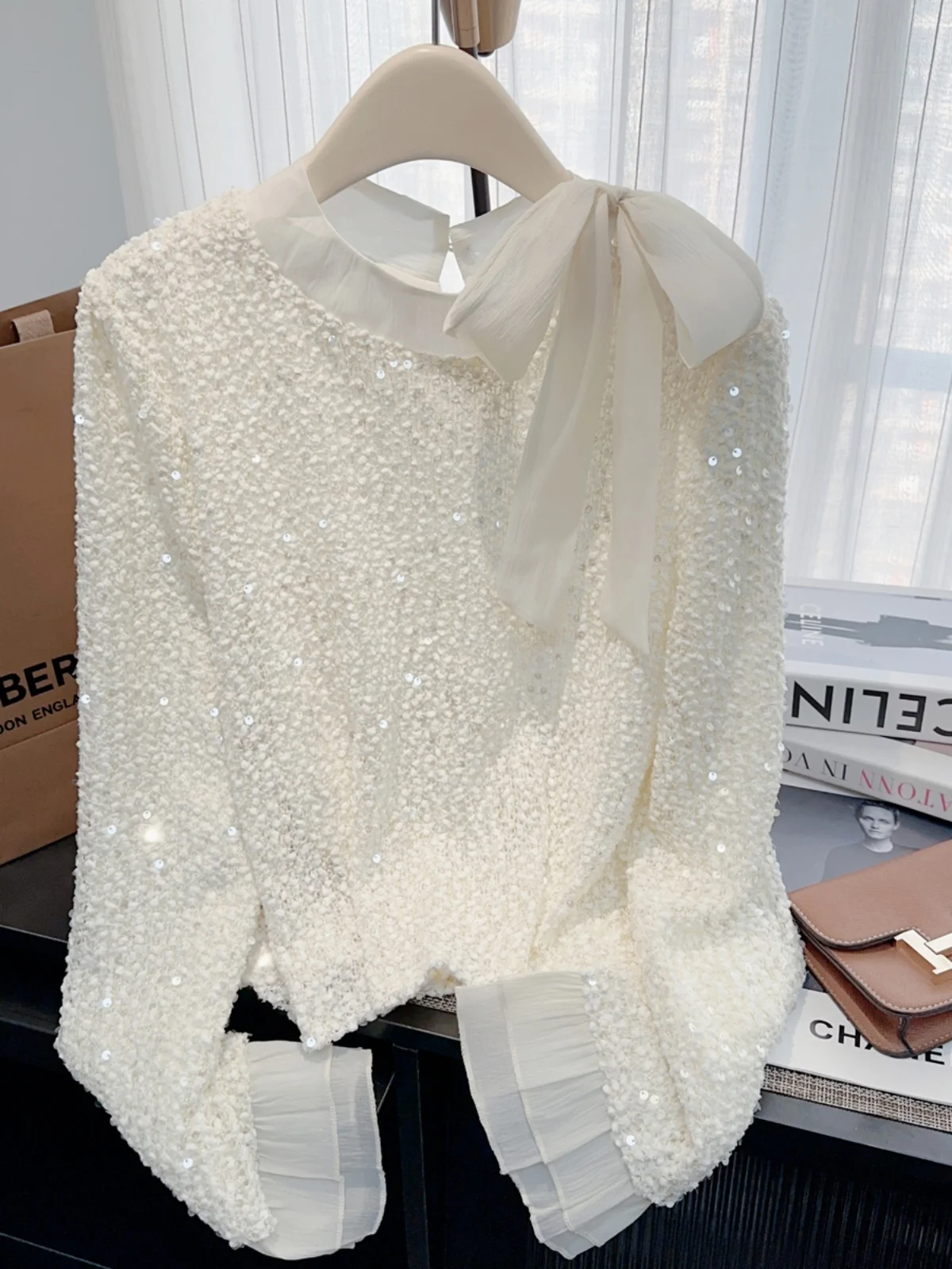 

iny Sequin Women's irt Spring 2025 Luxury Design Knot Tie Base Top Heavy Work Loose Fit Long Sve Commute Sle