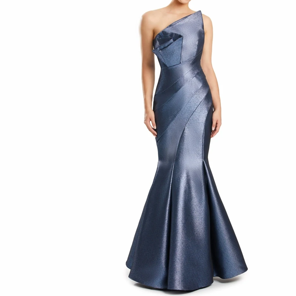 

Elegant Luxury Evening Dress 2024 Sleeveless Boat Neck Sweep Train Mermaid Satin Solid Color Asymmetrical Pleats Bespoke