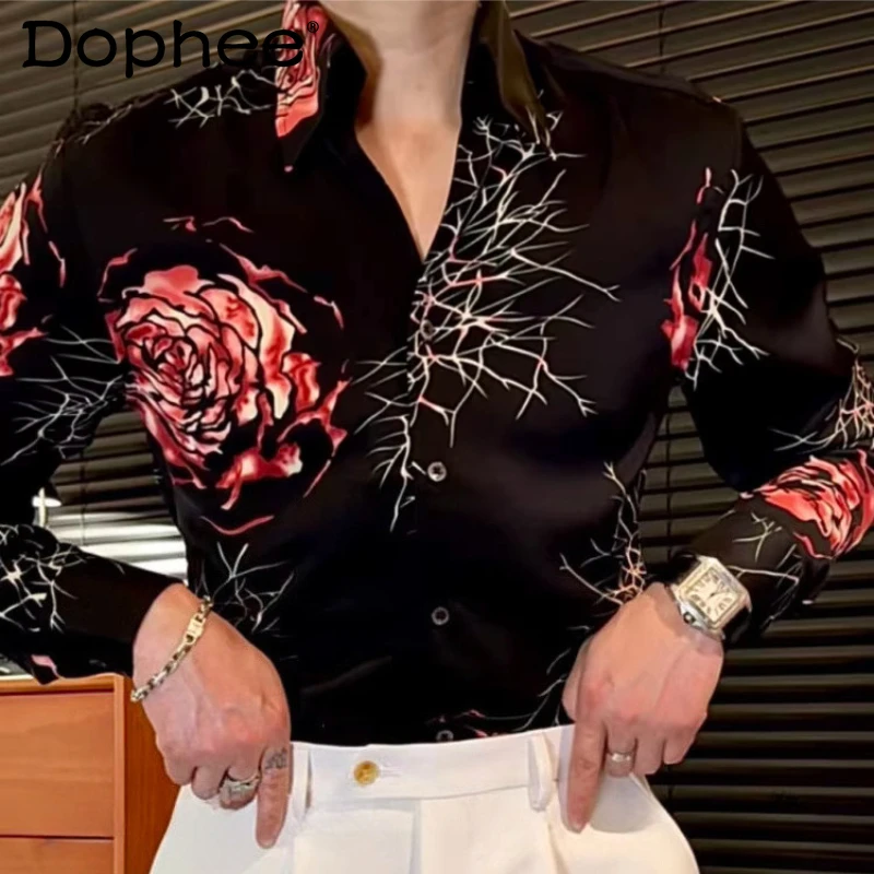 

Men's 2026 Spring Summer New Printed Ice Silk Cool Fashion Shirts High-end Contrast Color Slim Shirts Handsome Elegant Chic Tops