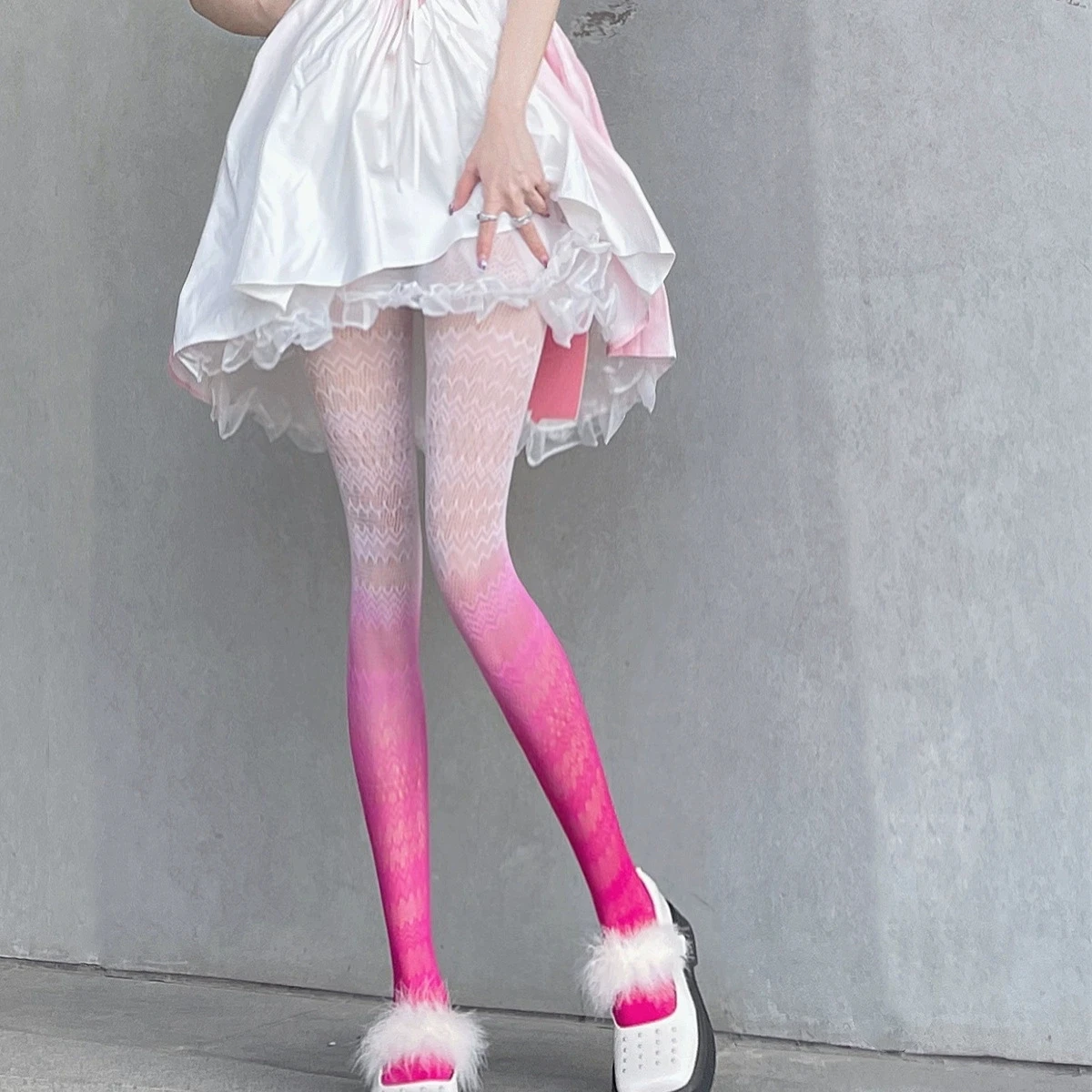 2026 Gradient Color Silk Mesh Socks with Colored Hollow Lace Jacquard Pantyhose for Girls Lolita Japanese Candy Color