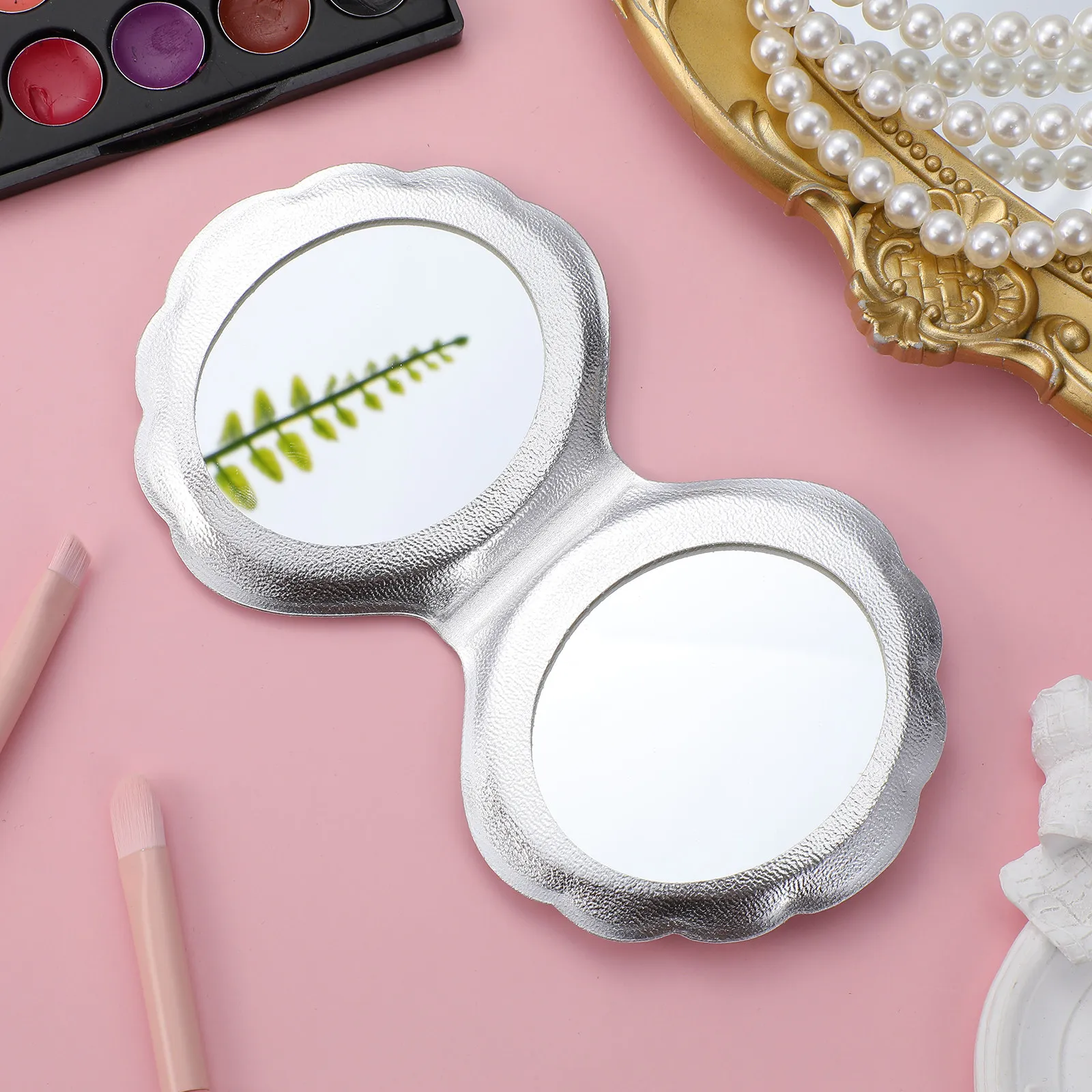 Compact Double Sided Shell Makeup Mirror with PU Case Holographic Finish Foldable Pocket Size Hd Mirror for Women Ladies