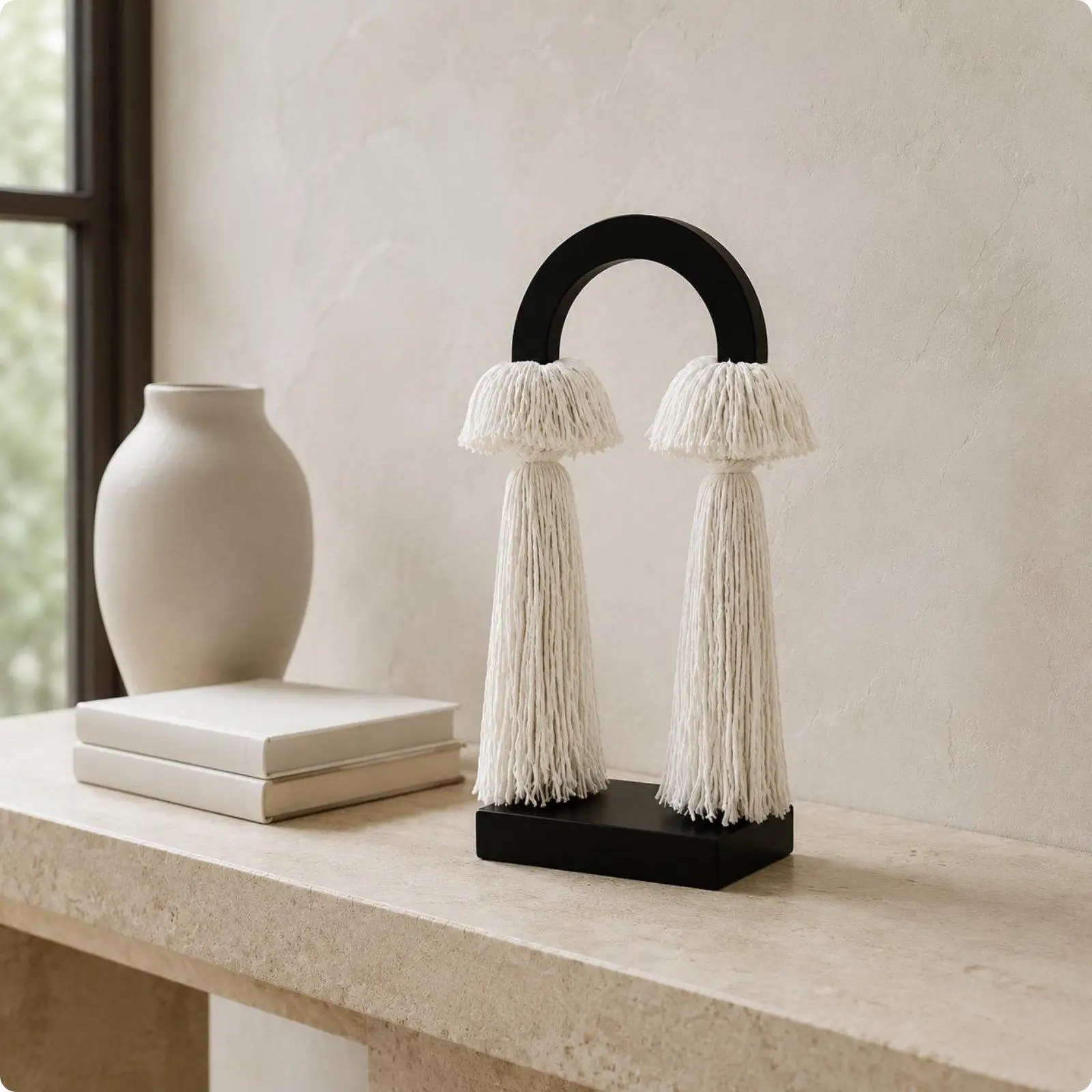 Minimalist Tassel Pendant Decor Black Metal Circle with Cream Cotton Strands for Cabinet Top