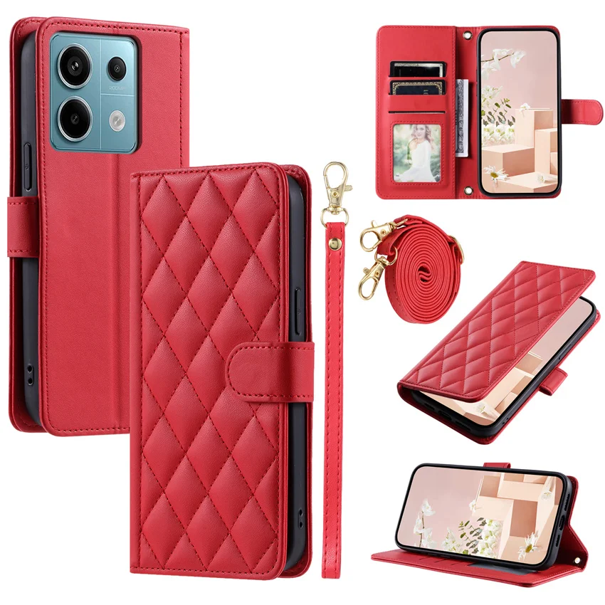 Custodia in pelle con tracolla con cordino a tracolla per Xiaomi Mi 14 Redmi Note 12 12S 13 Pro Plus 13C 12C 4G 5G Copertina del libro di carte