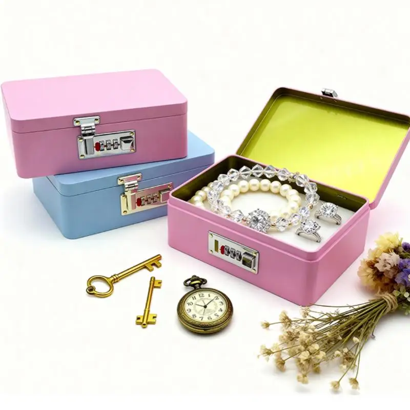 Empty Box Jewelry Case Organizer Combination Lock Password Lock Storage Box Metal Construction Flip Top Design Key Safe Box