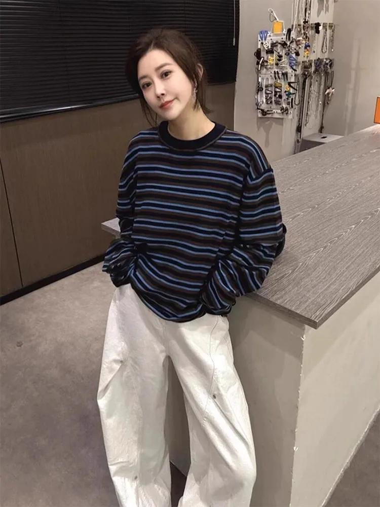 

Chic Unique Striped Long Sve T-irt Autumn Winter Korean Sle Faionable Anti-aging Small ence Beautiful Gel Fiber ...