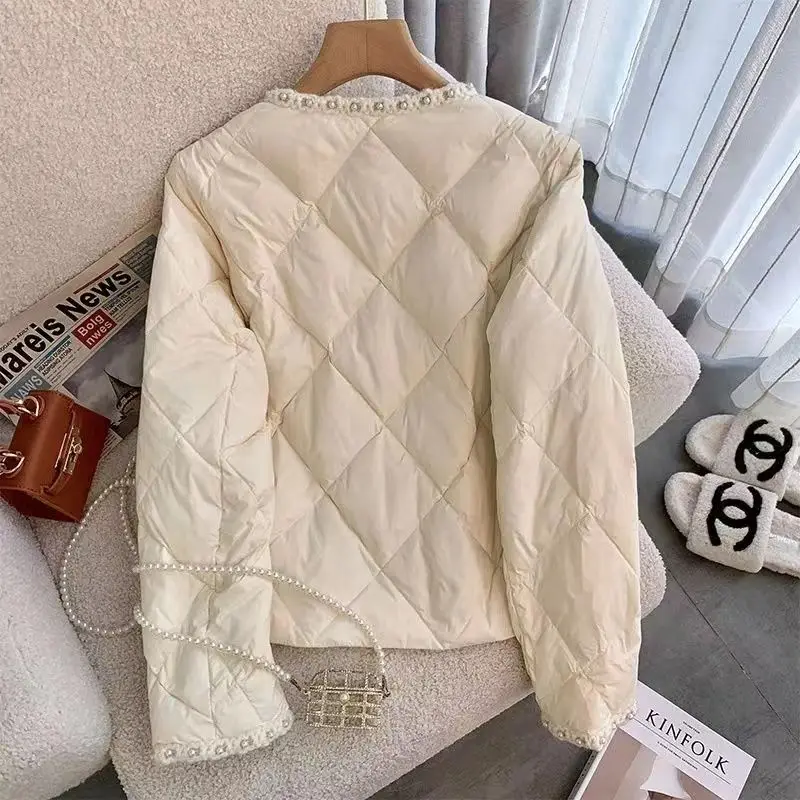 White Short Jacket For Women\'s Winter 2023 New Patchwork Round Neck Loose And Lightweight Cotton Jacket