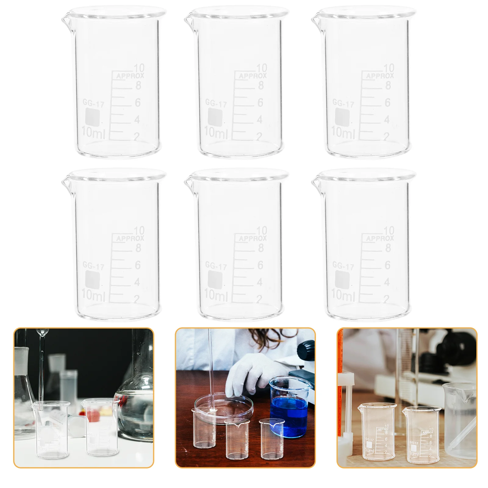 6 stuks vloeistofmaatbekers kleine glazen beker 10 ml experimentele apparatuur scheikunde laboratoriumbekers met uitloopbenodigdheden