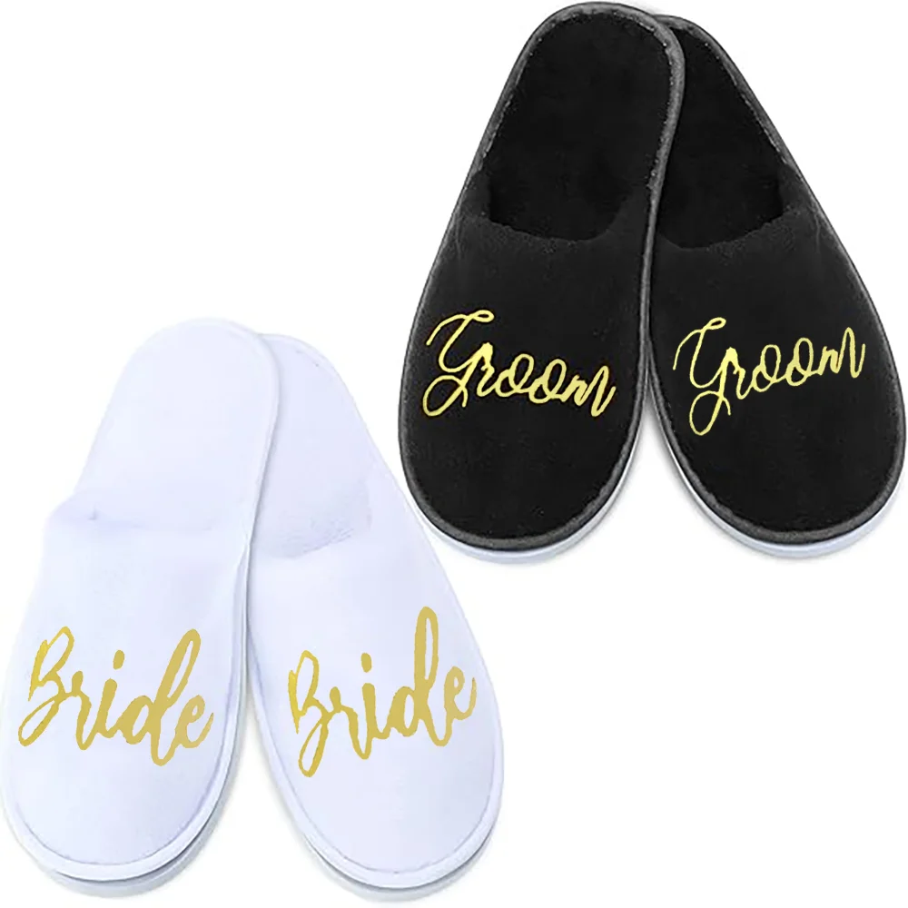 

2 Pairs Groom Bride Disposable Slippers for Hotel Wedding Supplies Bridal Shower Gifts Honeymoon Accessories Bachelorette Party