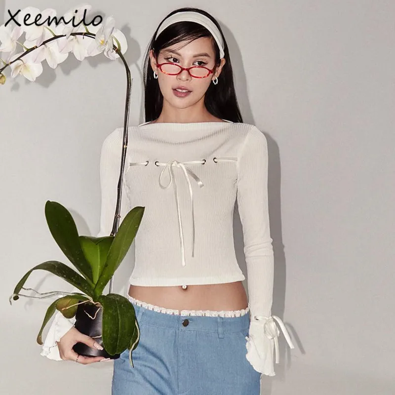 Xeemilo Elegant White Lace Up T Shirt Aesthetic Ribbed Long Sleeve Skinny Crop Tops French Gentle Autumn New Female Pullover Top