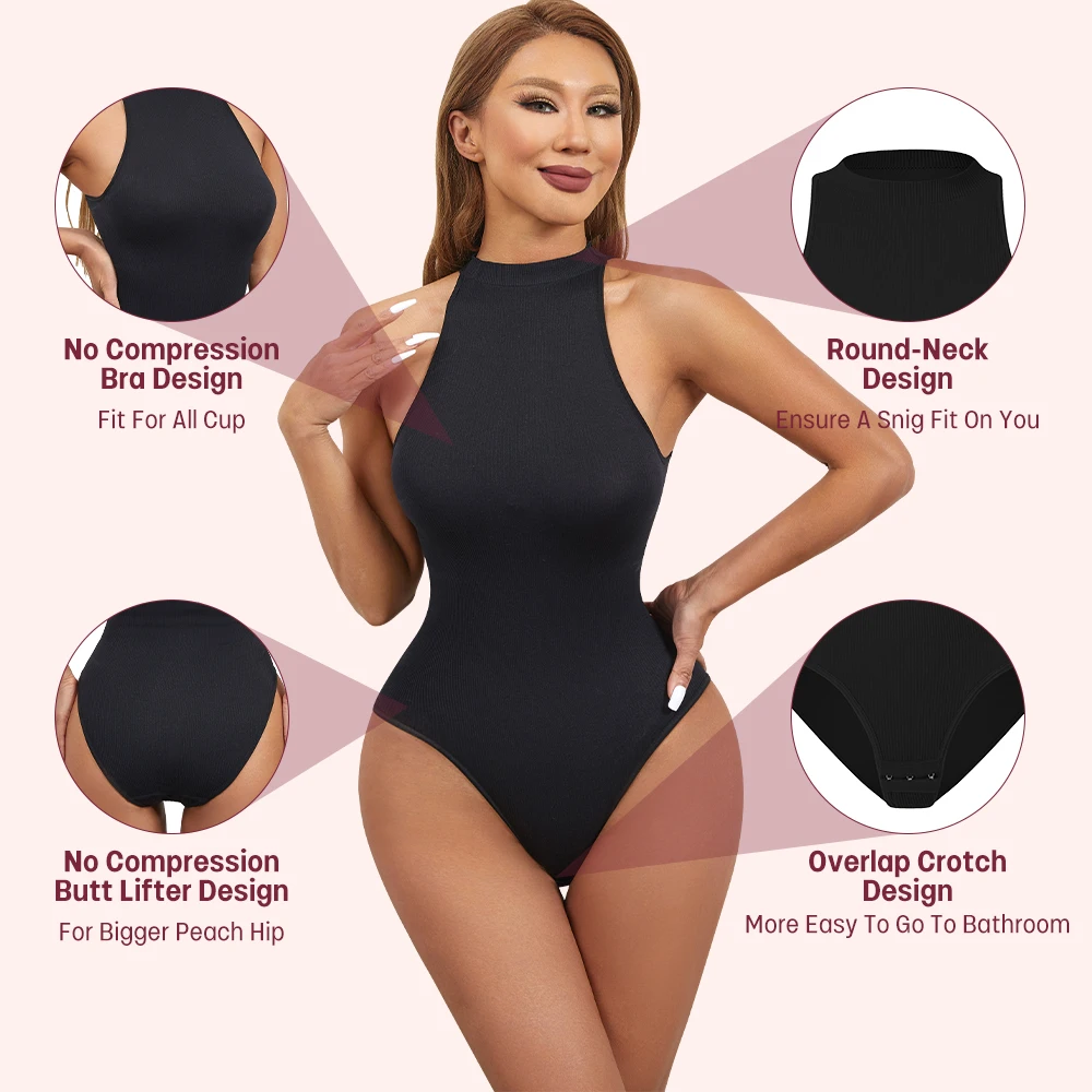 Round Neck Body Shaper Women Thin Waist Hip Enhancer Overlap Crotch Shapewear Bodysuit