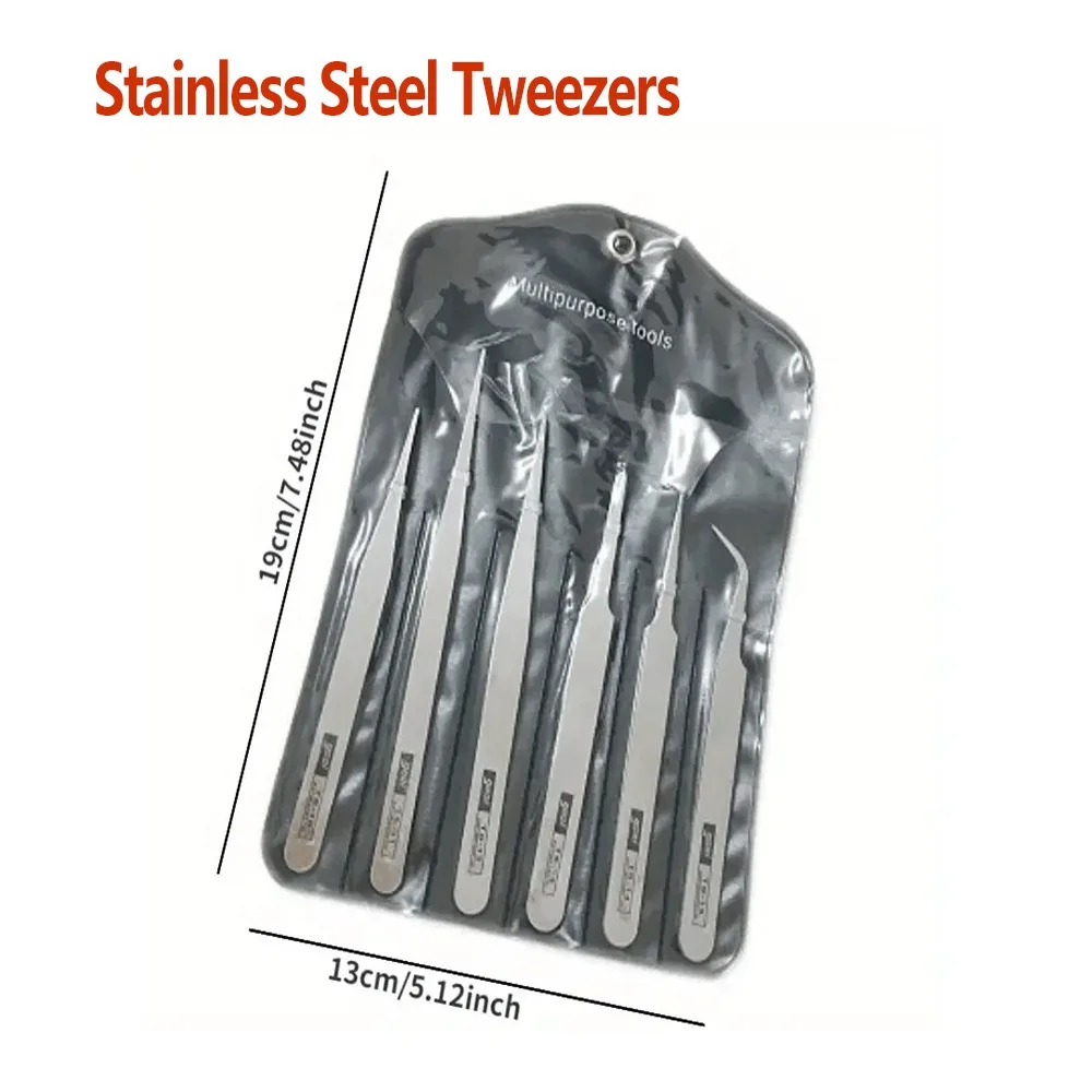 6Pcs Stainless Steel Tweezers Industrial Precision Repair Tool with Bent&Straight Tips, Ideal for Professional Repairs&DIY