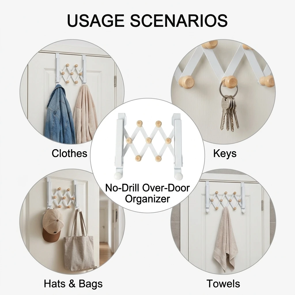 Sturdy Over Door Hooks Organizer Rack Space Saving for Bedroom Dorm Office No Drilling Plastic Coat Hanger Durable White view 4