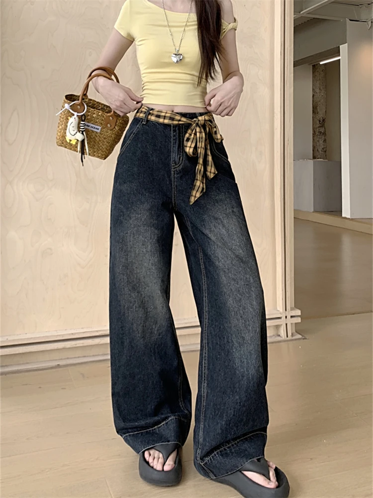 

Women's Yellow Checkered Pocket Splicing Jeans Young Girls Wide Leg Trousers Casual Bottoms Female Summer Street High Waist Pant