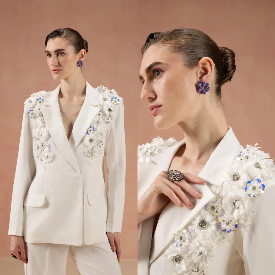 Luxury Women Suit 2 Pieces Jacket Pants Notched Lapel Flowers Double-Breasted Beading Blazer Full Slim Fit Pocket Daily Dresses