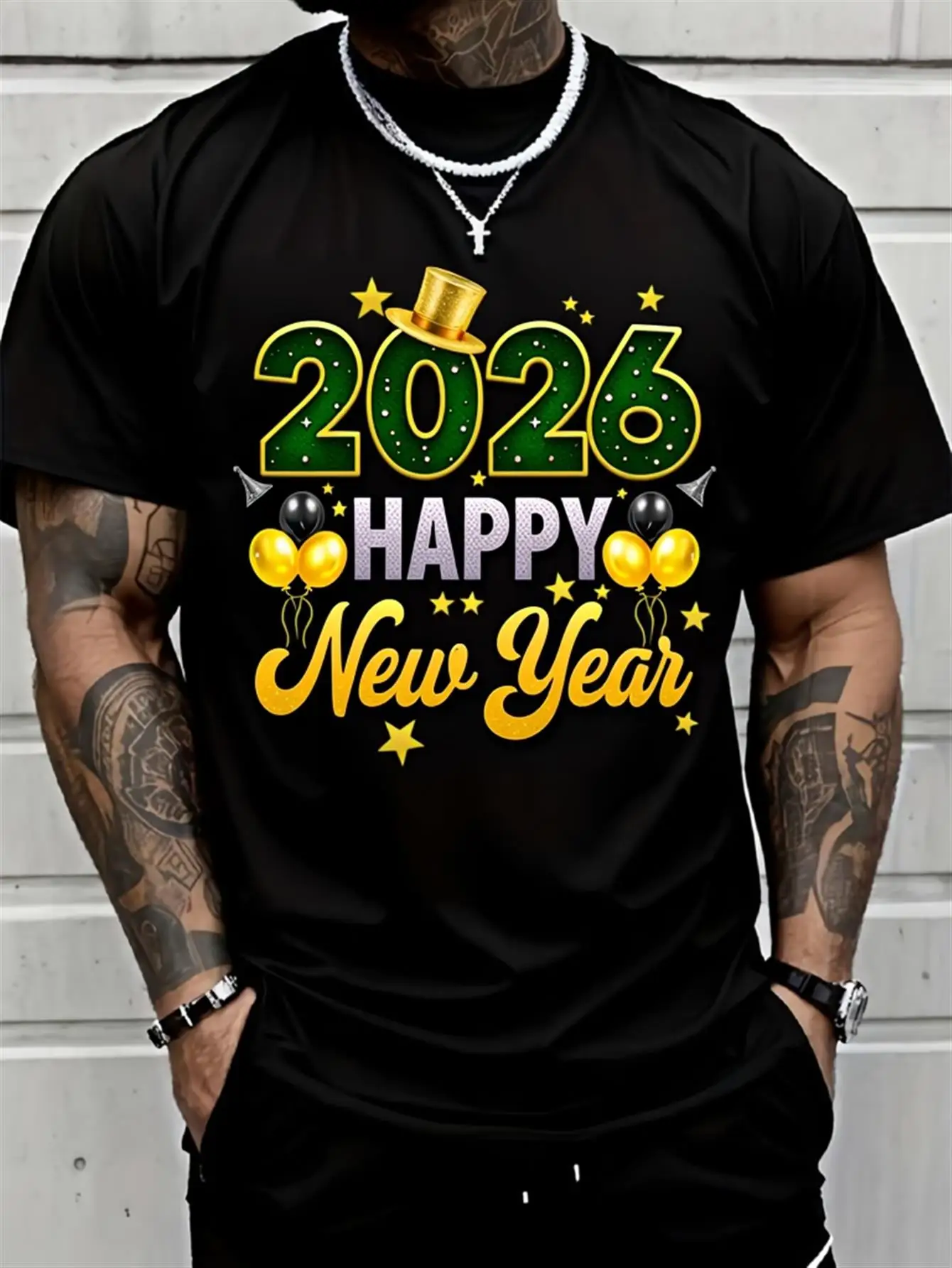 

2026 Men's NYE T-Shirt - Black Crewneck, Skin-Friendly Fabric, Casual Party Celebration Tee