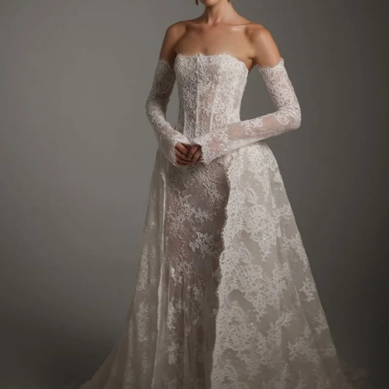 Vestidos de novia blancos de encaje con hombros descubiertos, falda con purpurina, cola desmontable, vestidos de novia hechos a medida