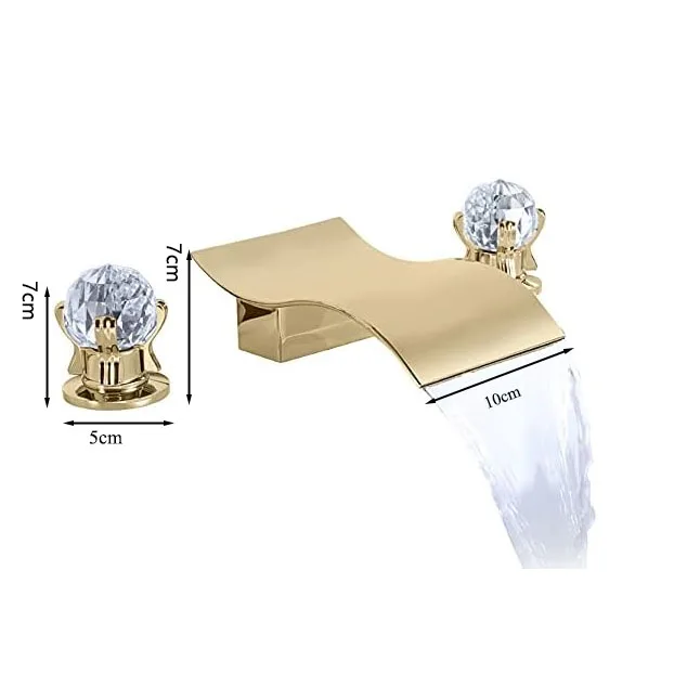 ZAPPO Brushed Gold Bathroom Faucet with 2 Crystal Knob Handle Widespread Waterfall Faucet Mixer Tap for Bathroom Sink or Bathtub
