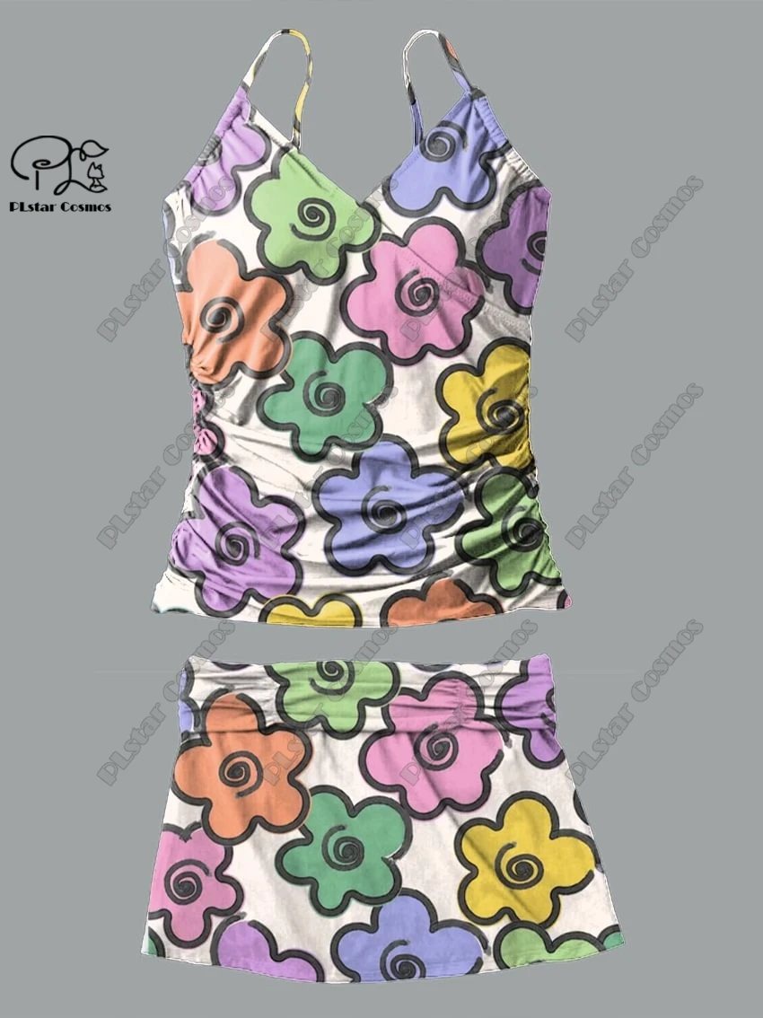 

Женский летний купальник из двух частей с v-образным вырезом, маленький свежий цветочный животный принт, юбка на подтяжках, новый праздничный купальник Q-14