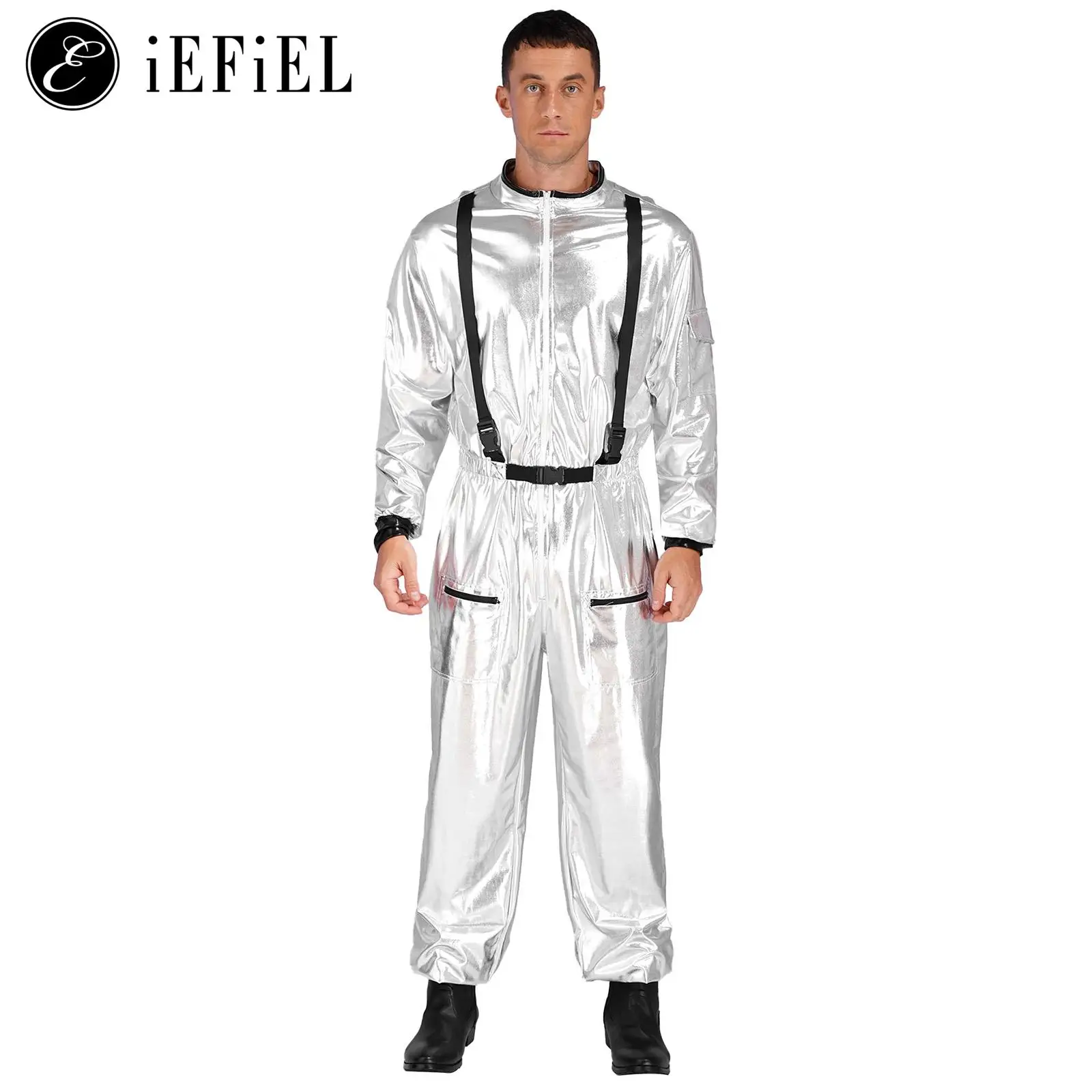 Adult Astronaut Costume Shiny Metallic Coveralls Jumpsuit Catsuit OuterSpace Suit Halloween Pilot Air Force Cosplay Dress Up