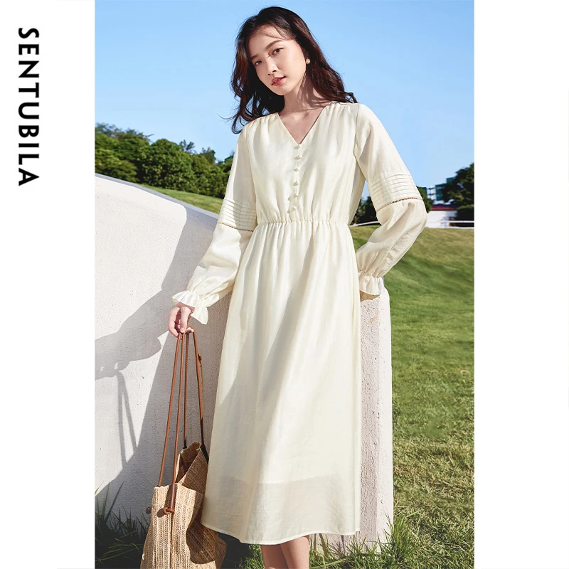 

SENTUBILA Women Lyocell Dresses 2025 Autumn Vacation Style Hollow-Out Ruched Long Sleeve V Neck Luxury Evening Dresses 151L58248