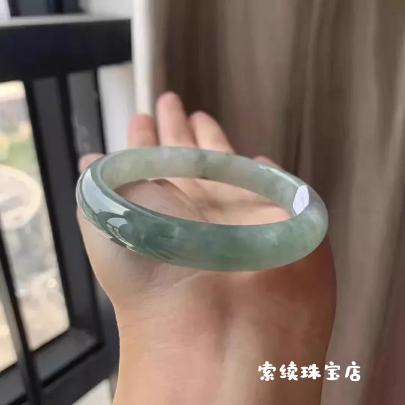 Oil-green , thin and translucent with clear water-like patterns, jadeite bracelet for women, mountain half
