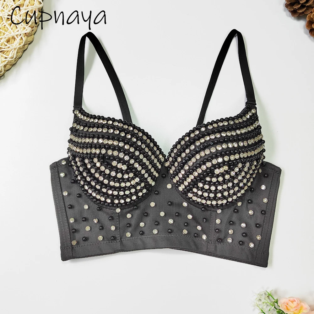 

Cupnaya Pearls Rhinestones Cat Embroidered Women Crop Top Bra Pad Push-up Corset Summer Sexy Sparkle Club DJ Dancer Bustier