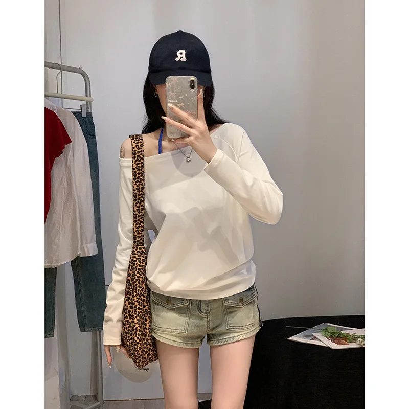 Sexy Off-oulder Crop Top Women's T-irt Casual Loose Fit Hand-Ironed Pleating Blue Color Ladies' Casual Cotton Tee