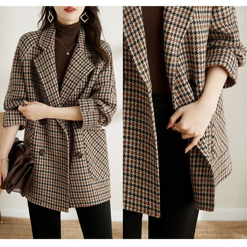 

Korean Version of Thousand Bird Plaid Woolen Coat New Women's Clothing Autumn Winter Lazy Style Loose Casual Suit Jacket Coat