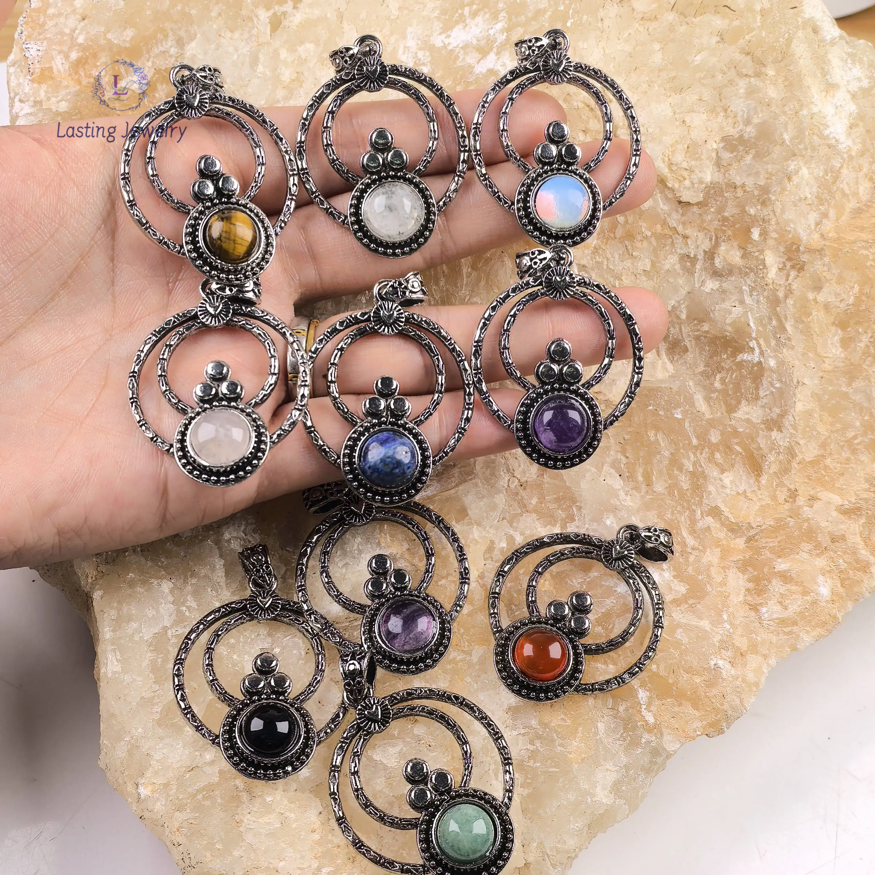 Hollow-out Bottle Shaped Pendants,Antique Silver Gemstone Amethyst Aventurine Healing Crystal Charms Necklace Jewelry Making