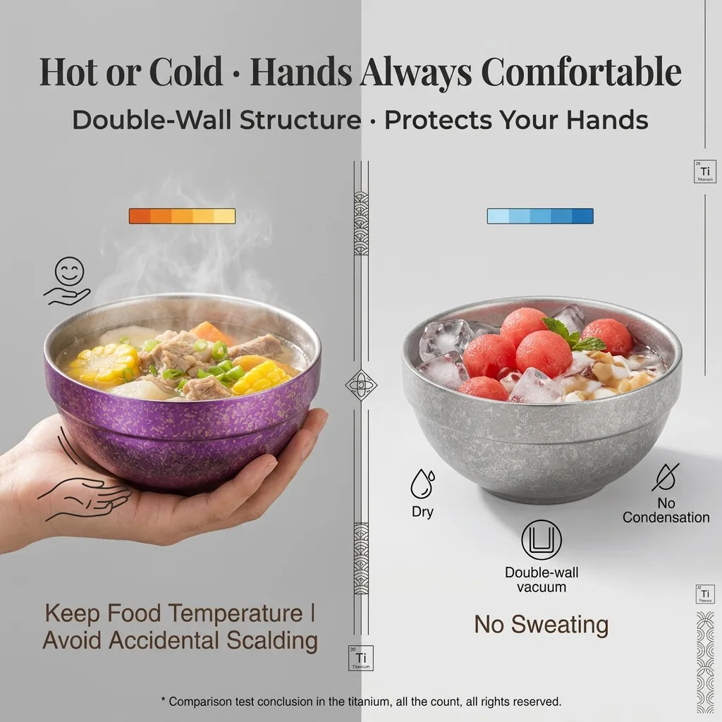 Taience Pure Titanium Bowl 450ml Double Wall Insulated Soup Rice Noodle Bowl Antibacterial Lightweight Gift Box
