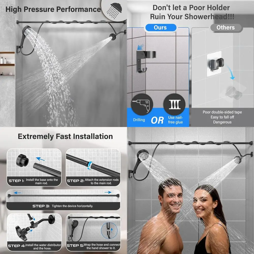 

Couples' Dual Shower System: High-Pressure Showerheads with Handheld, Adjustable for Two, 3 Flow Modes, Black
