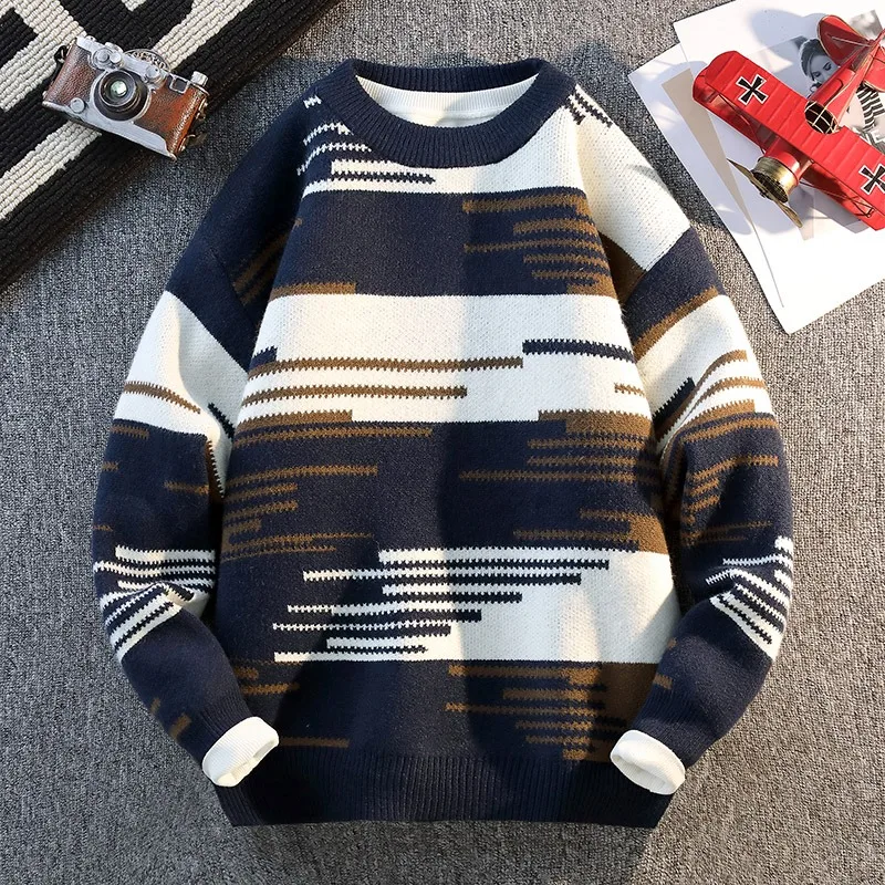 

Men's Autumn and Winter Sweater Sweater Round Neck Long Sleeve Thread Contrasting Color Bottoming Shirt Top