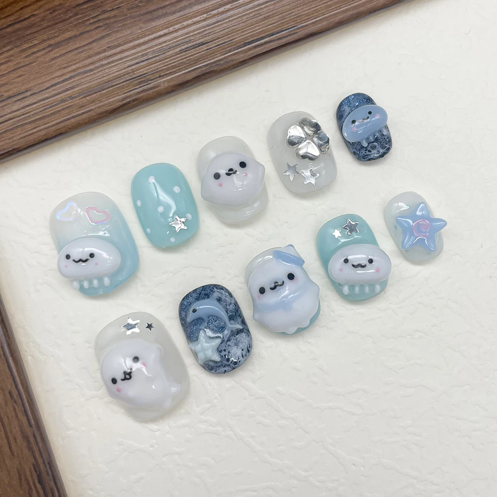 

3D Kawaii Short Round Handmade Sea Dog Sea Lion Press On Nails Art Sticker Blue Ocean Summer Vacation Fake Nails Party Gift