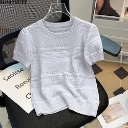 Women's Sweater Knit T-shirts Tops Summer Short Sleeve O-neck Hollow Pullover Tees Elegant Korean Fashion Chic Ladies Knitwear