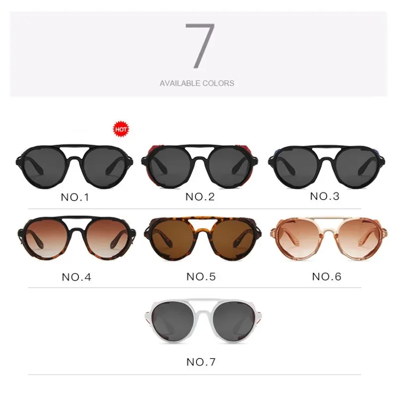 Round Steampunk Sunglasses Men Classic Brand Designer Vintage Punk Rivet Wrap Glasses Retro Leather Sunglasses For Male Oculos