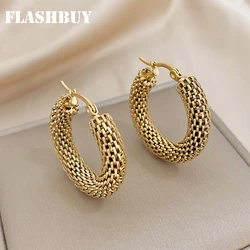 FLASHBUY Stainless Steel Gold Color Geometric Metal Mesh Earrings For Women Girls New Trend Hoop Ear Jewelry Gift