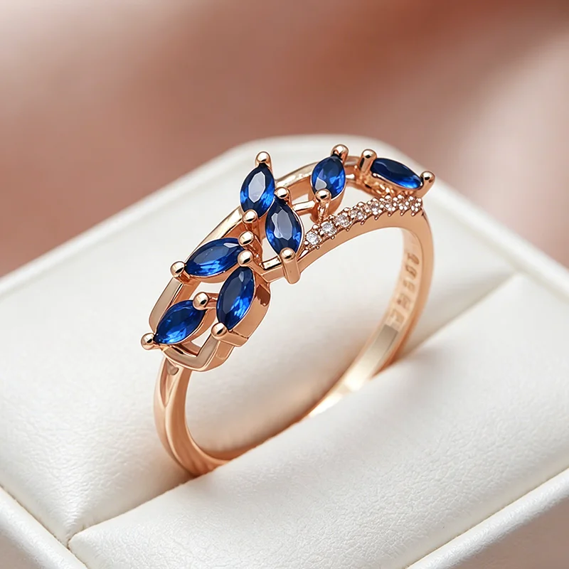 Kinel Hot Blue Natural Zircon Ring for Women Trendy 585 Rose Gold Leaf Ring Romantic Vintage Wedding Jewelry Fashion 2026