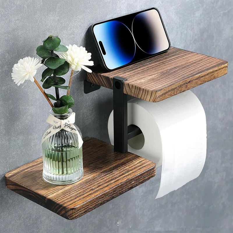 

1pc Wooden Wall Mounted Bathroom Wallpaper Rack Toilet Paper Roll Holder Black Hanging Tissue Roll Dispenser Kitchen Accessories