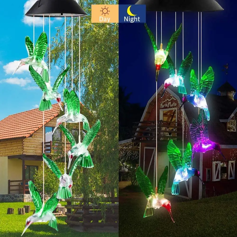 Color Changing Solar Power Wind Chime Hummingbird Angel Butterfly Waterproof Outdoor Decoration Light For Patio Yard Garden